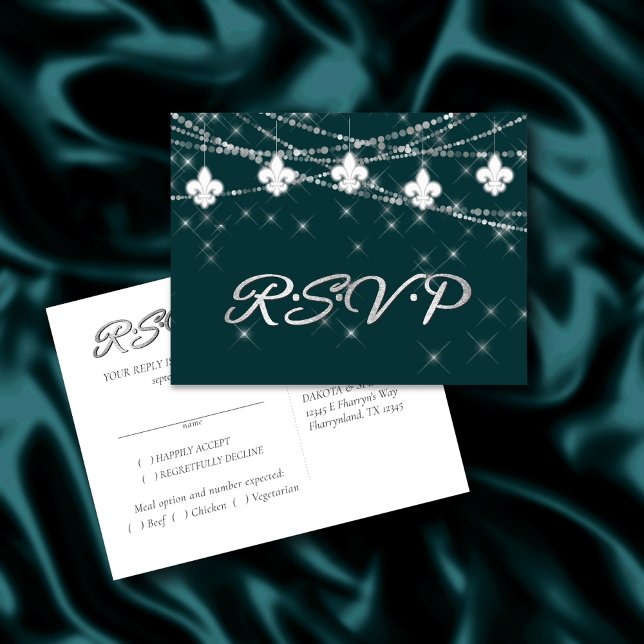 Invitation Carte Postale Fleur de Lis | Arborescence Turquoise RSVP minuit (Créateur téléchargé)