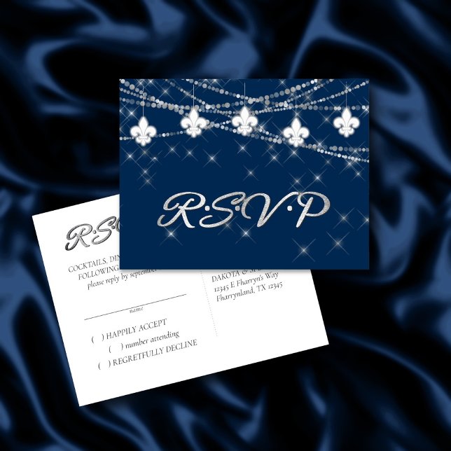Invitation Carte Postale Fleur de Lis Lumières Bleues Marine | Réception ru (Créateur téléchargé)