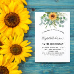 Invitation Carte Postale Fleur de soleil d'anniversaire eucalyptus verdure<br><div class="desc">Pour une fête d'anniversaire de 40e (ou tout âge). Un arrière - plan blanc décoré de tournesols aquarellés,  de verdure d'eucalyptus. Personnalisez et ajoutez votre nom et les détails de votre fête.</div>