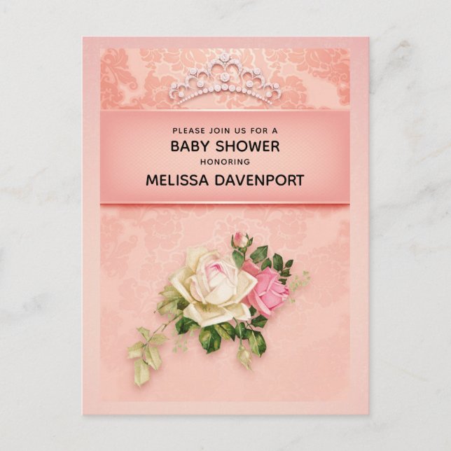 Invitation Carte Postale Fleur rose avec Baby shower élégant Diamond Tiara (Devant)