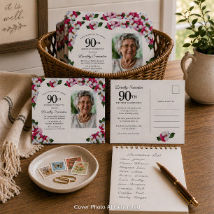 Invitation Carte Postale Fleur rose blanc 90e anniversaire