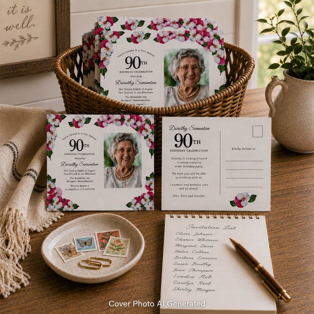 Invitation Carte Postale Fleur rose blanc 90e anniversaire (Créateur téléchargé)