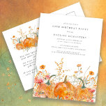 Invitation Carte Postale Fleur sauvage citrouille Automne 60e fête d'annive<br><div class="desc">Les citrouilles d'automne sont nichés dans de délicats fleurs sauvages dorés et oranges pour créer une esthétique élégante. Tout le texte est éditable pour vous permettre de créer facilement votre propre humeur spéciale.</div>