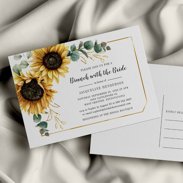 Invitation Carte Postale Fleur Script Eucalyptus Sunflower Bridal Brunch (Floral Sunflower Eucalyptus Brunch with the Bride Bridal Shower Invitation)