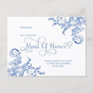 Invitation Carte Postale Fleuron de Bleu Royal Veux-Tu Être Ma Demoiselle D