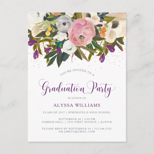 Invitation Carte Postale Fleurs aquarelles | Faux Parties scintillant Gradu (Devant)