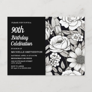 Invitation Carte Postale Fleurs blanches noires 90e anniversaire femme