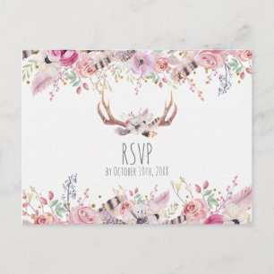 Invitation Carte Postale Fleurs Bohème Chic Bois de Cerf Mariage Rustique R