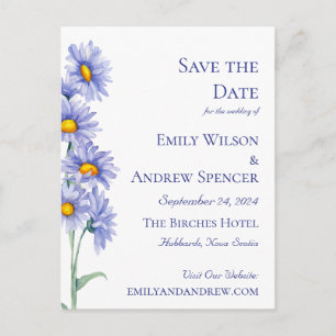 Invitation Carte Postale Fleurs Boho Aquarelle Aster Bleu Save the Date