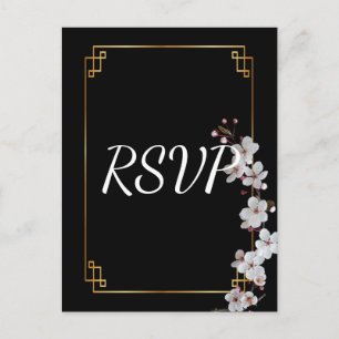 Invitation Carte Postale Fleurs cerises blanches et cadre doré RSVP