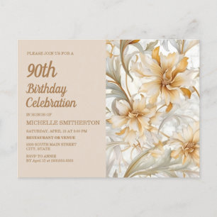 Invitation Carte Postale Fleurs Champagne Tan 90e Anniversaire Femme