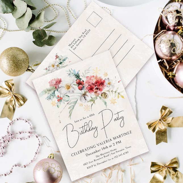 Invitation Carte Postale Fleurs d'aquarelle d'hiver 40e fête d'anniversaire (Need a matching welcome sign. Napkins, paper plates. Something else? Message me!)