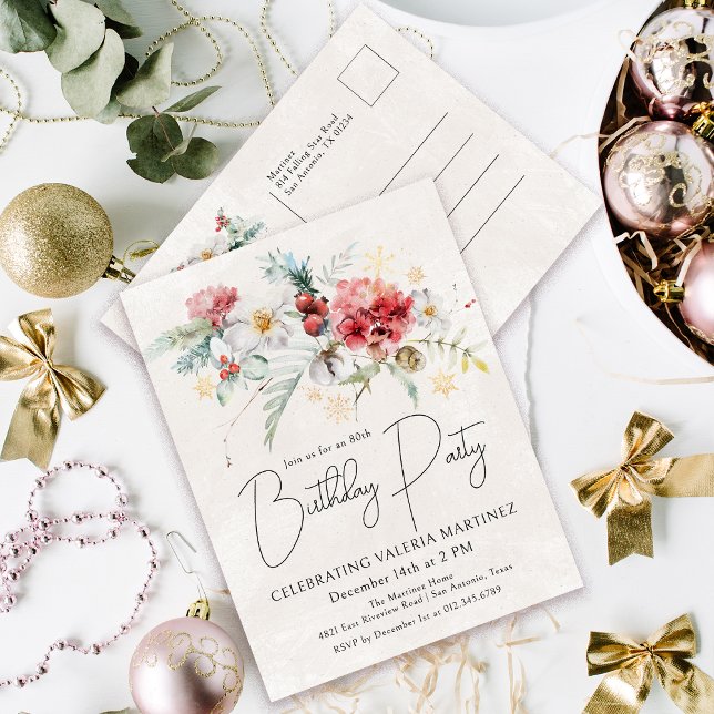 Invitation Carte Postale Fleurs d'aquarelle d'hiver 80e fête d'anniversaire (Need a matching welcome sign. Napkins or paper plates. Something else? Message me!)