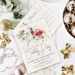 Invitation Carte Postale Fleurs d'aquarelle d'hiver 90e fête d'anniversaire