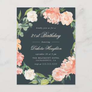 Invitation Carte Postale Fleurs d'aquarelle Gris Blush Peach Anniversaire