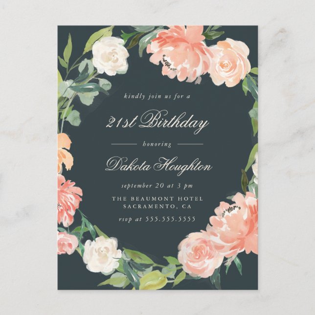 Invitation Carte Postale Fleurs d'aquarelle Gris Blush Peach Anniversaire (Devant)
