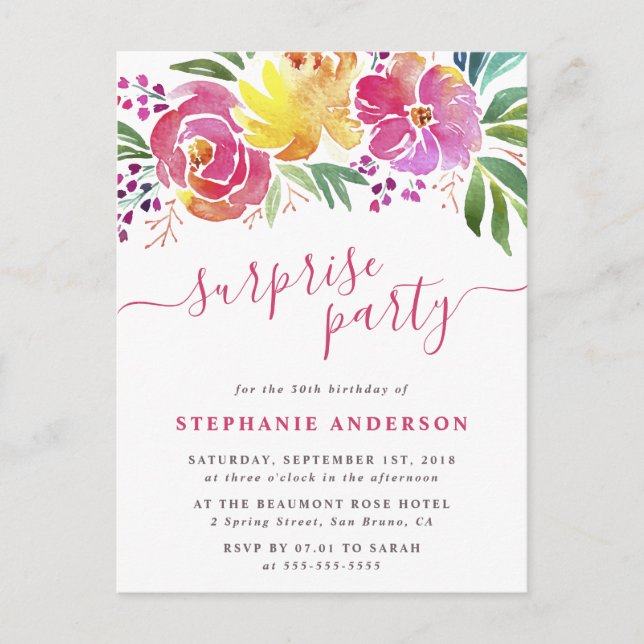 Invitation Carte Postale Fleurs d'aquarelle manuscrite Surprise Party (Devant)