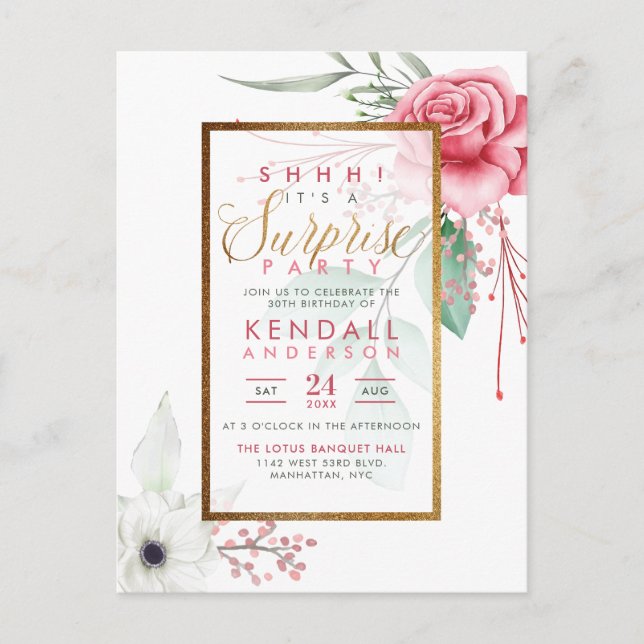 Invitation Carte Postale Fleurs d'aquarelle rose mignonne Floral Surprise P (Devant)