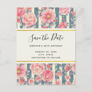 Invitation Carte Postale Fleurs d'aquarelle rose sur bandes Enregistrer la