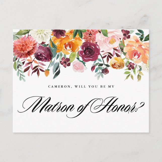 Invitation Carte Postale Fleurs D'automne Aquarelle Sois Ma Demoine D'honne (Devant)