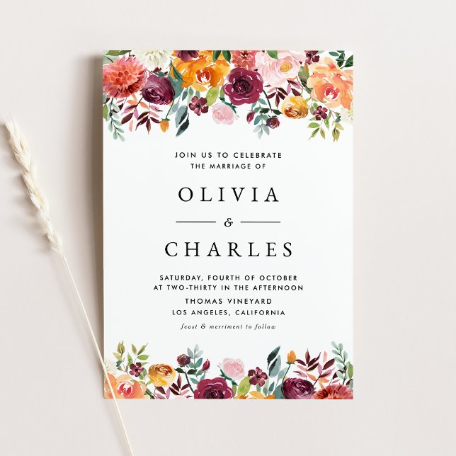 Invitation Carte Postale Fleurs d'automne Garland QR Code Mariage de automn (Autumn Blooms Garland QR Code Fall Wedding Invitation Postcard)