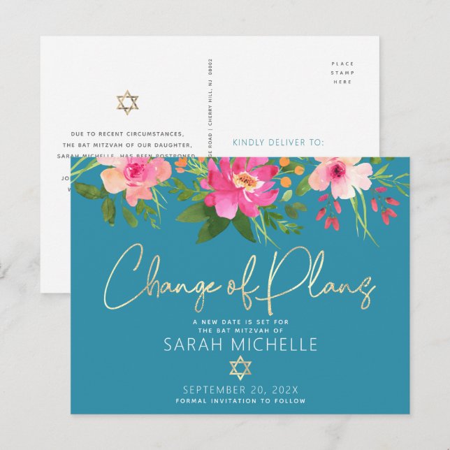 Invitation Carte Postale Fleurs de Bat Mitzvah aquarelle écriture dorée ble (Devant / Derrière)