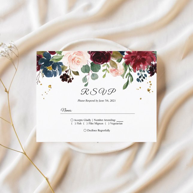 Invitation Carte Postale Fleurs de beauté bordeaux marine et rouge rustique (Créateur téléchargé)