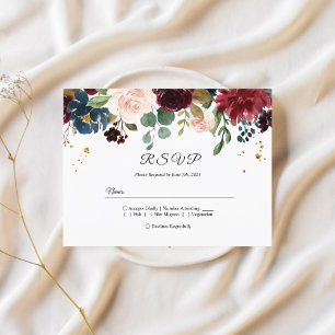 Invitation Carte Postale Fleurs de beauté rustiques bordeaux bleu marine et