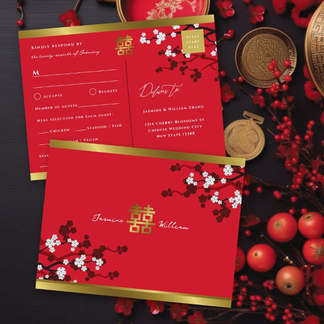Invitation Carte Postale Fleurs de cerisier et double Xi Réponse à un maria (White Cherry Blossoms ON Red And Gold Double Happiness Chinese Wedding RSVP Postcard @ fat_fa_tin)