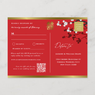 Invitation Carte Postale Fleurs de cerisiers et mariage chinois double Xi R