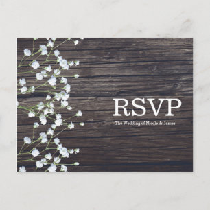 Invitation Carte Postale Fleurs de Gypsophile & Bois Rustique Foncé RSVP
