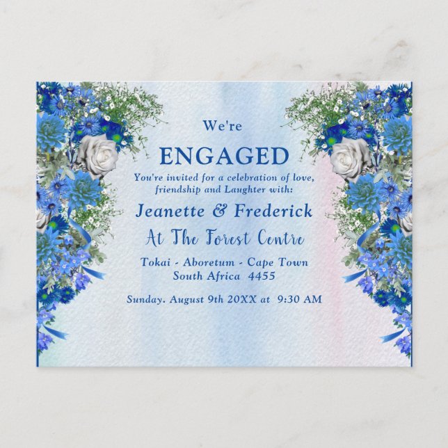 Invitation Carte Postale Fleurs de maïs bleu et Fiançailles de roses blanch (Devant)