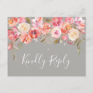 Invitation Carte Postale Fleurs de mariage romantiques en rose tendre   Gri