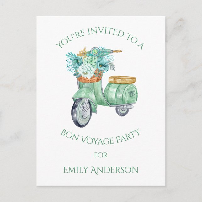 Invitation Carte Postale Fleurs de menthe et Scooter Bon Voyage Party (Devant)