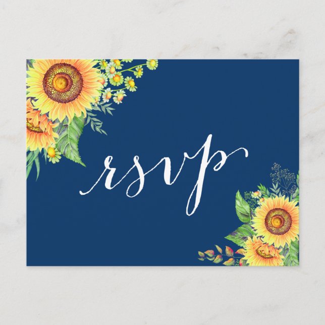 Invitation Carte Postale Fleurs de soleil bleu de la marine jaune Mariage r (Devant)