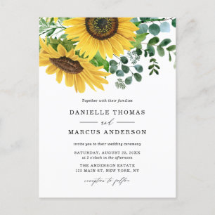 Invitation Carte Postale Fleurs de soleil d'aquarelle et Mariage d'eucalypt