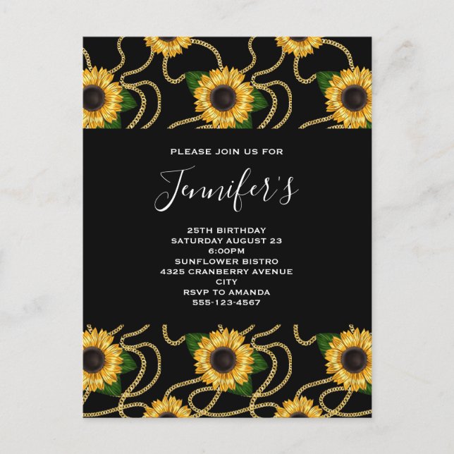 Invitation Carte Postale Fleurs de soleil Jaunes Classé Motif élégant Anniv (Devant)