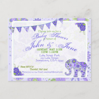 Invitation Carte Postale Fleurs d'éléphant baby shower violet