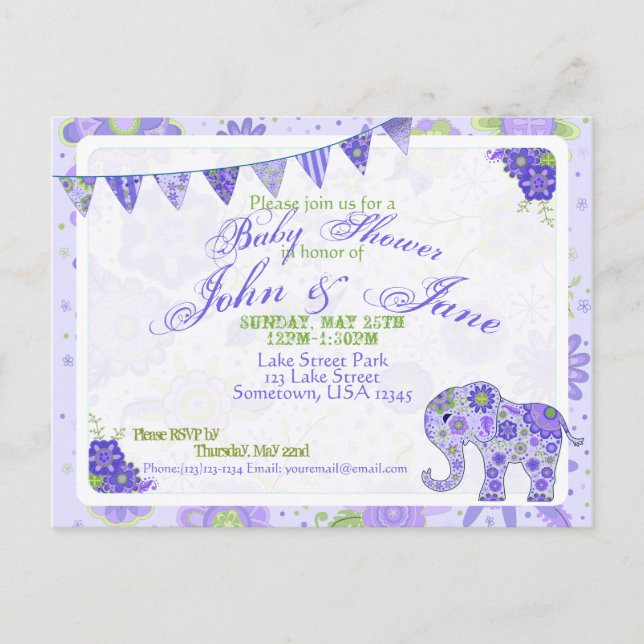 Invitation Carte Postale Fleurs d'éléphant baby shower violet (Devant)