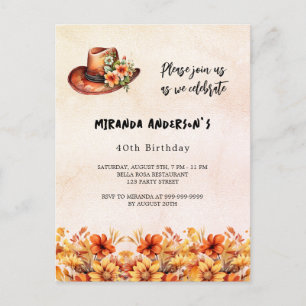 Invitation Carte Postale Fleurs d'orange anniversaire boho cowgirl casquett