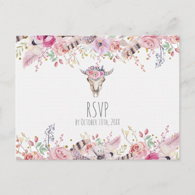 Invitation Carte Postale Fleurs et crâne de vache Rustique Country Boho Chi (Devant)