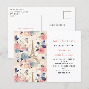 Invitation Carte Postale Fleurs et Tour Eiffel Paris Motif Anniversaire