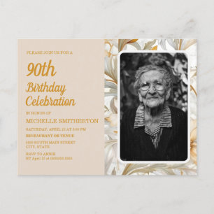 Invitation Carte Postale Fleurs Jaune Crème Femme 90e Anniversaire Phot