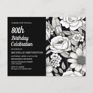Invitation Carte Postale Fleurs Noir Blanc 80e Anniversaire
