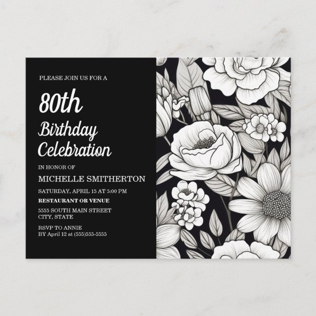 Invitation Carte Postale Fleurs Noir Blanc 80e Anniversaire (Devant)