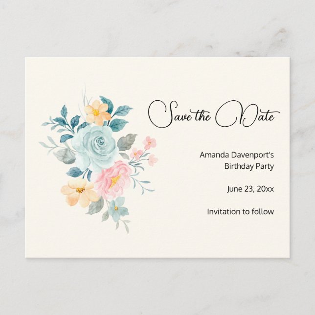 Invitation Carte Postale Fleurs roses et bleues - Anniversaire Enregistrer  (Devant)