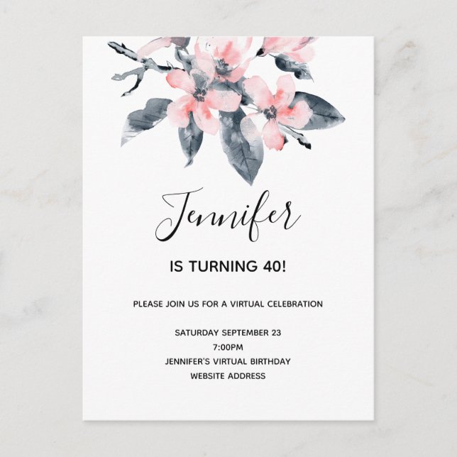 Invitation Carte Postale Fleurs roses et gris Aquarelle Anniversaire virtue (Devant)