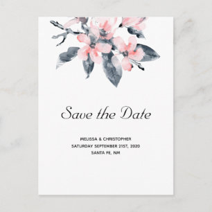 Invitation Carte Postale Fleurs roses et gris Aquarelle Enregistrer la date