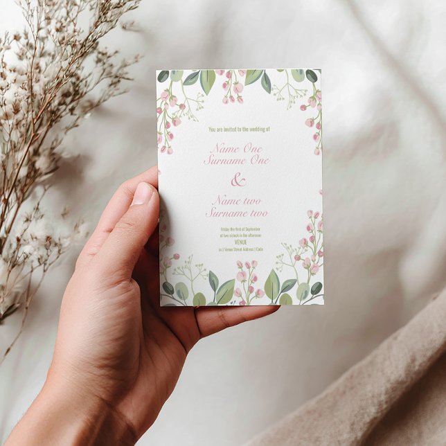 Invitation Carte Postale Fleurs roses et vertes (Bright beautiful modern wedding invitation with pink and green flowers and elegant pink script.)