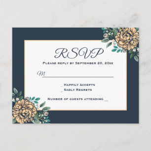 Invitation Carte Postale Fleurs RSVP Bleu Nuit Pêche Fleur de Paon Mariage